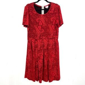 Lularoe Fit & Flare Amelia Dress Paisley Floral Short Sleeve Red 2XL Pockets